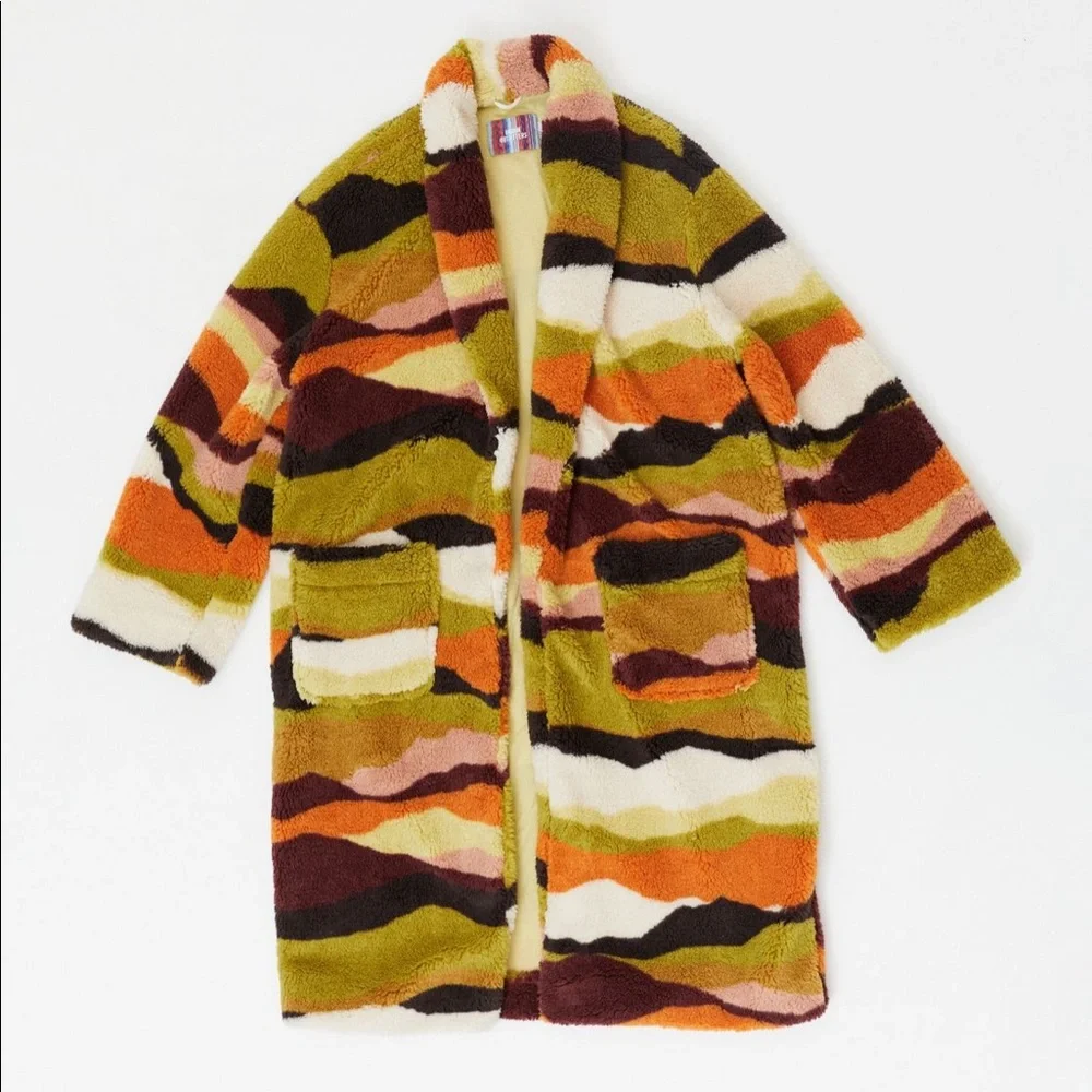NWT UO Teddy Abstract Animal Print Striped Longline Teddy Coat - Picture 6 of 6